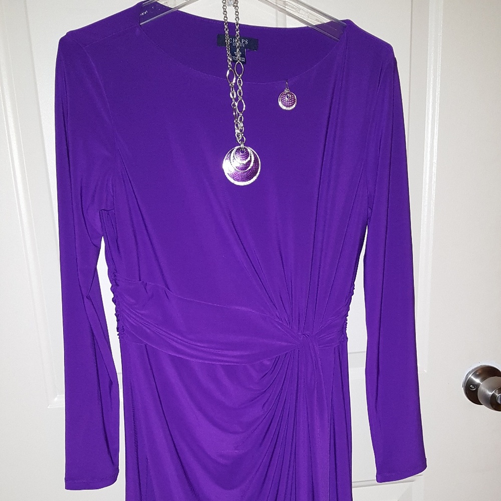 CHAPS Faux Wrap LS Dress Purple w/matching Jewelry